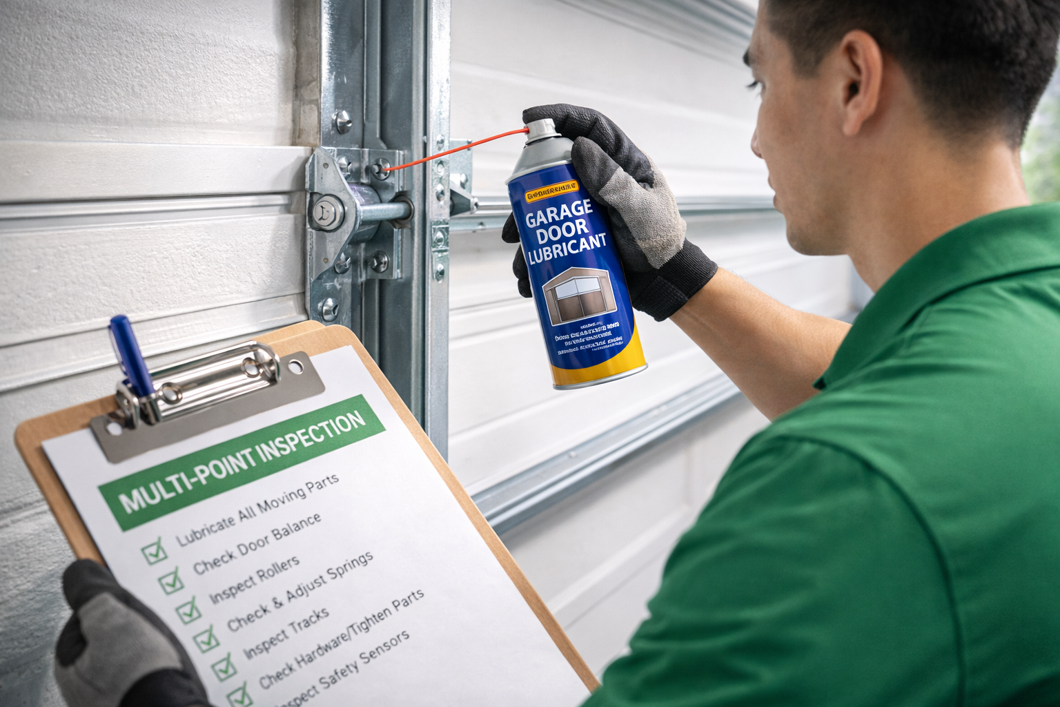 Person lubricating garage door hardware with spray, checklist in hand.