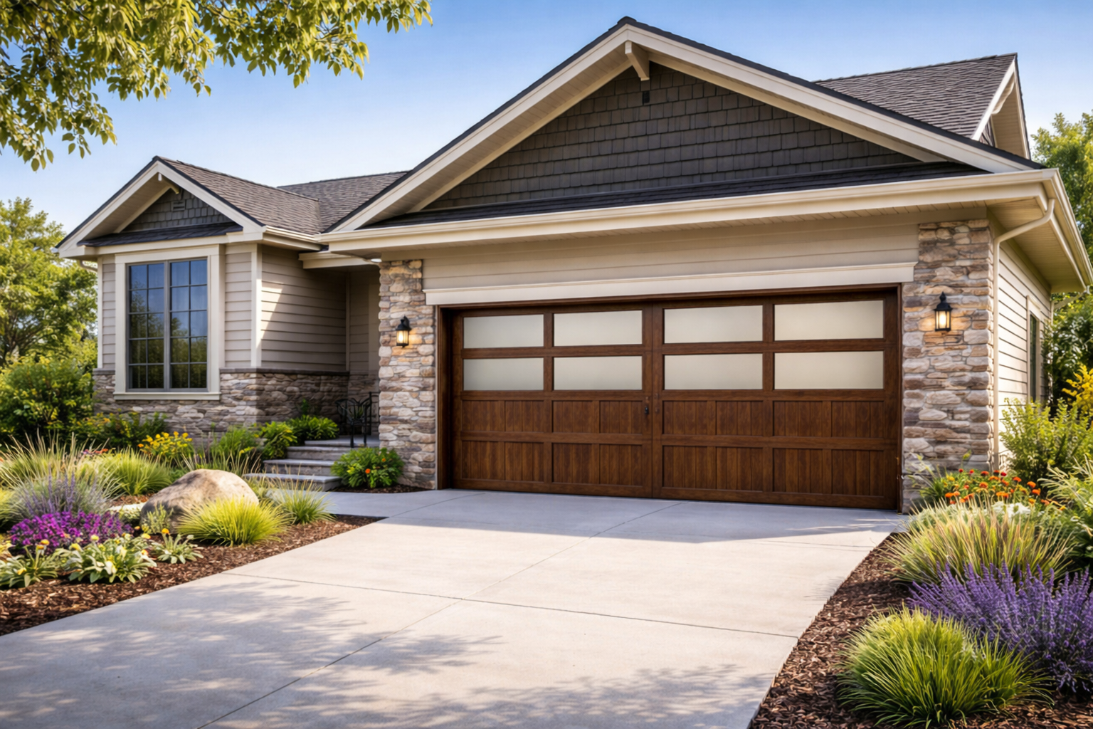 Tan house with stone accents, brown garage door, and landscaped yard.