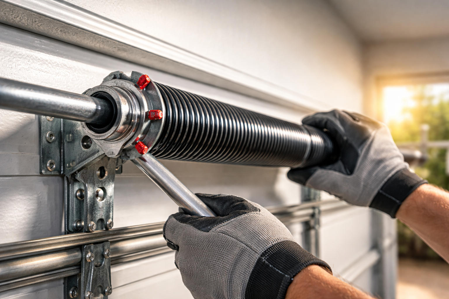 Person with work gloves using a wrench to adjust a garage door spring.