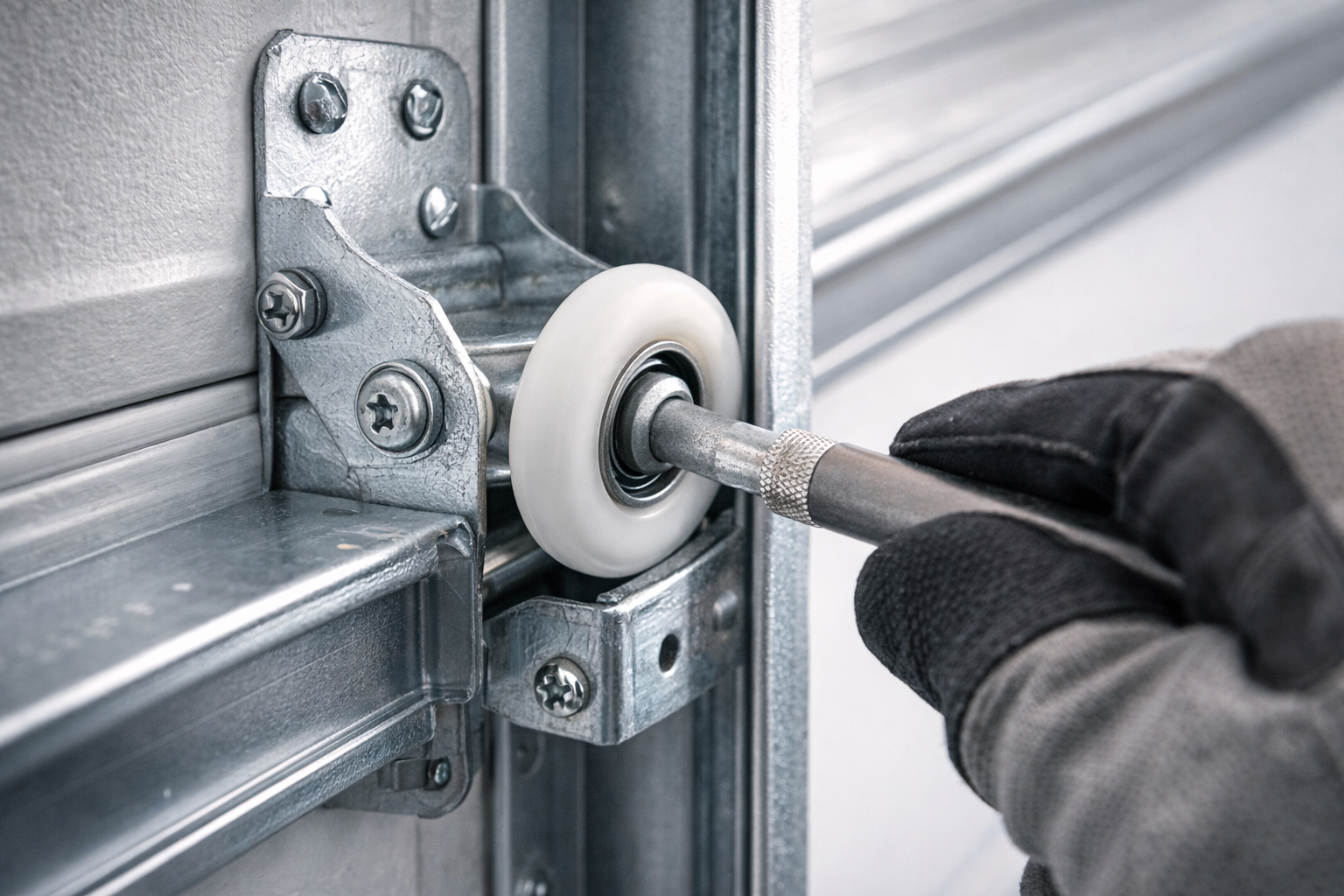 Gloved hand replacing a garage door roller on a metal track.