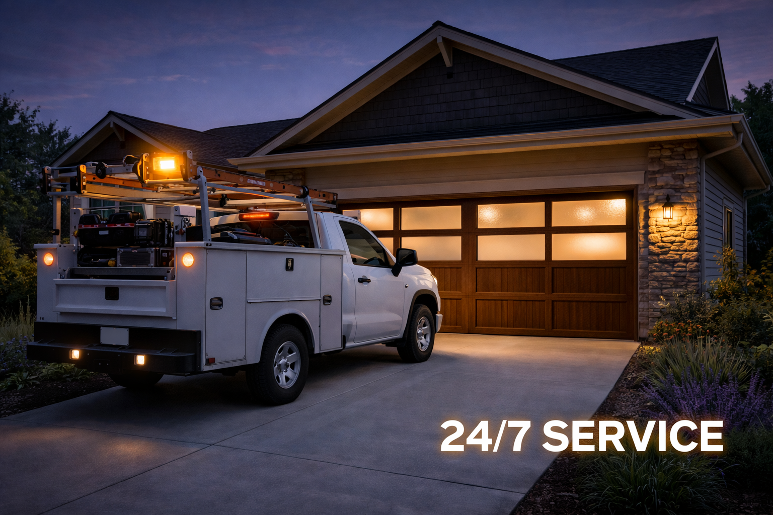 White service truck in front of a house garage at night, lit by an overhead light. Text reads 