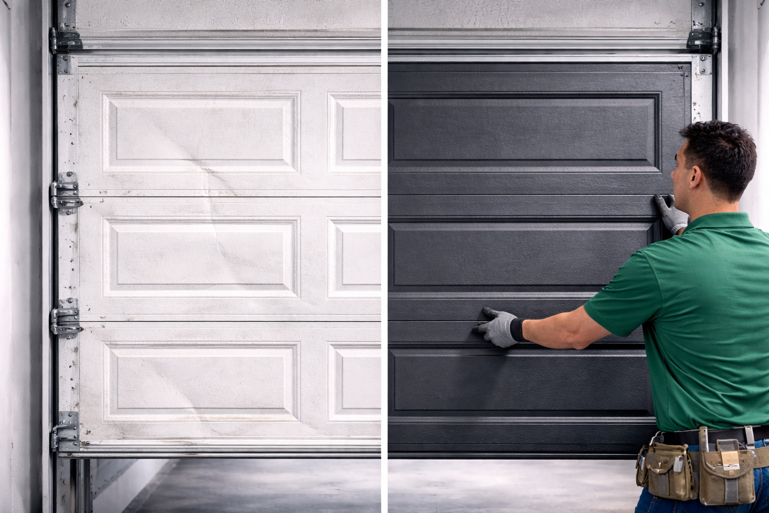 Tan house with stone accents, brown garage door, and landscaped yard.