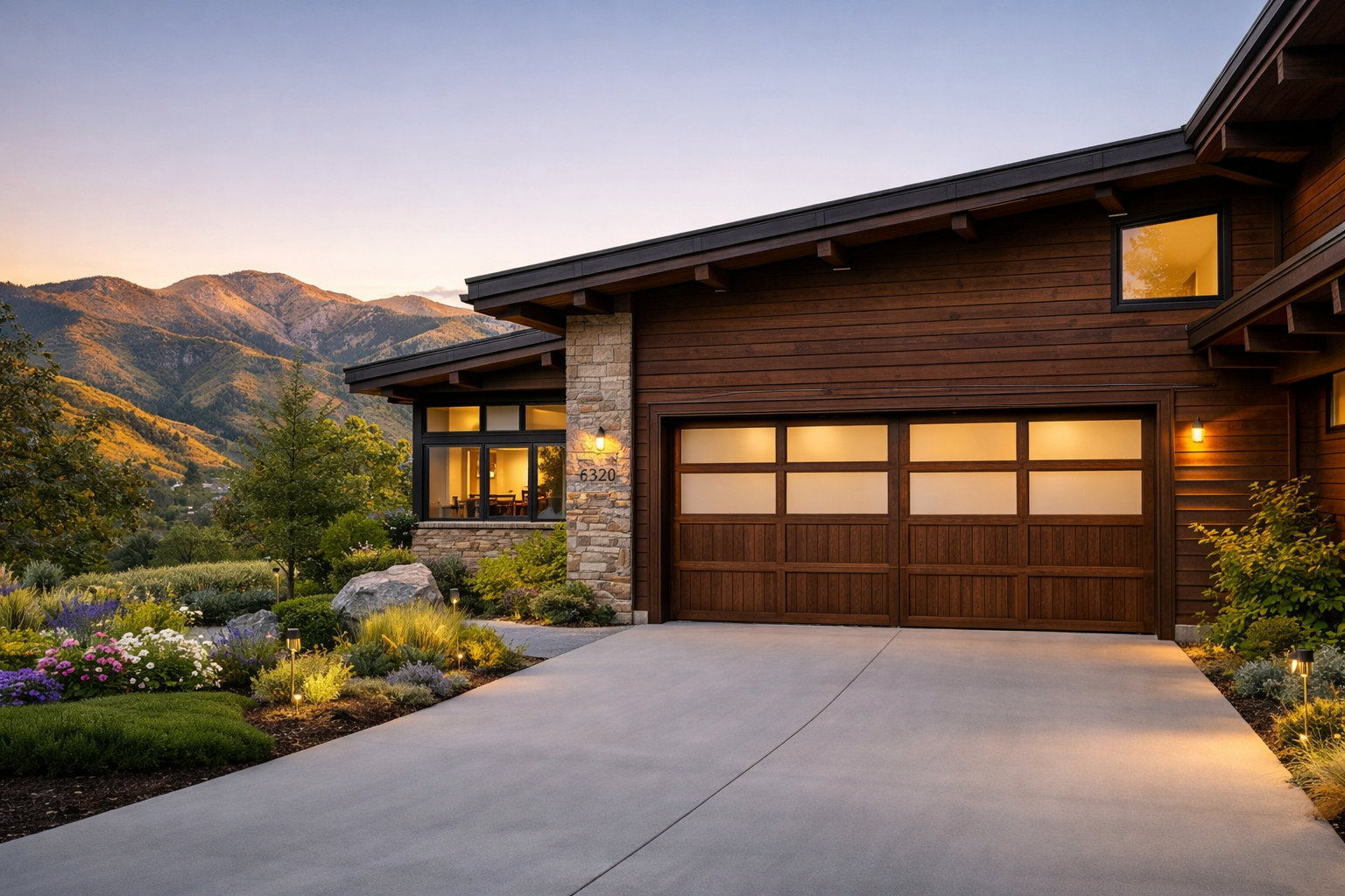 Brown house with garage, concrete driveway, and mountain backdrop. Landscaping with lights.