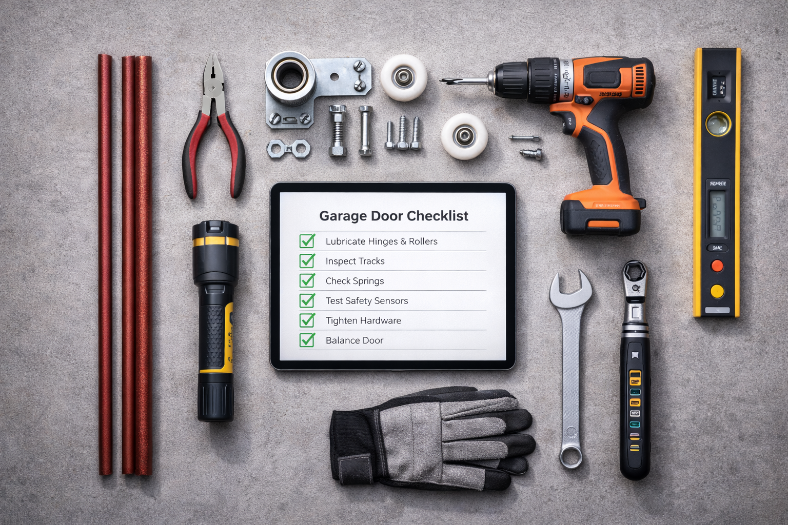 Garage door repair tools laid out around a digital checklist on a concrete surface.