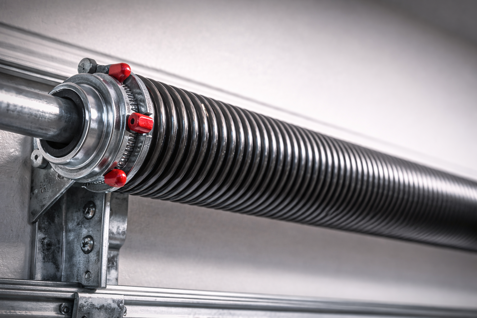 Garage door torsion spring, coiled black metal with red winding cones, attached to a metal bar and bracket.