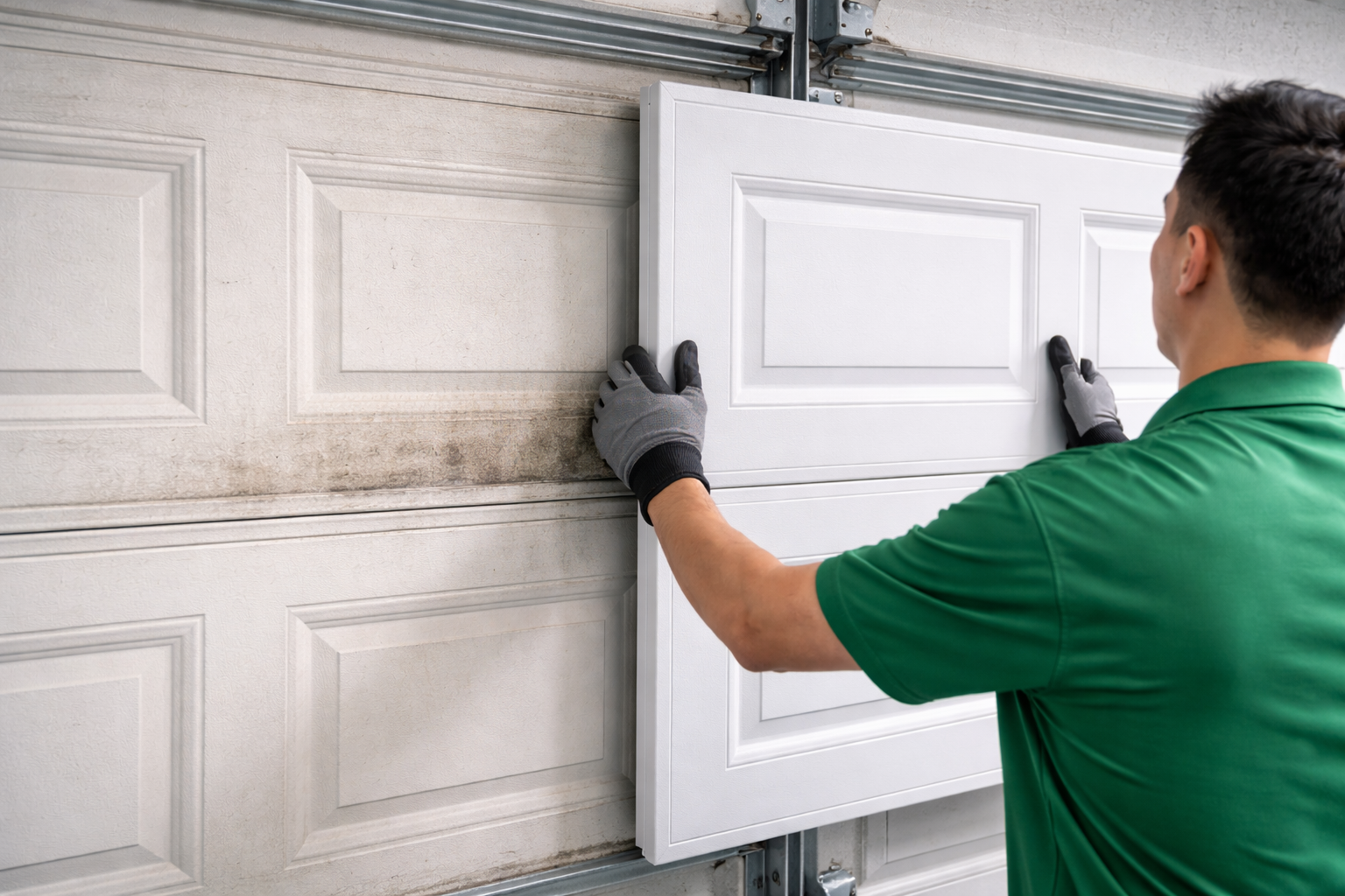Person in green shirt installing a white garage door panel, wearing work gloves.