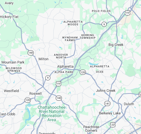 Map of north metro Atlanta showing cities, highways, and green park areas.