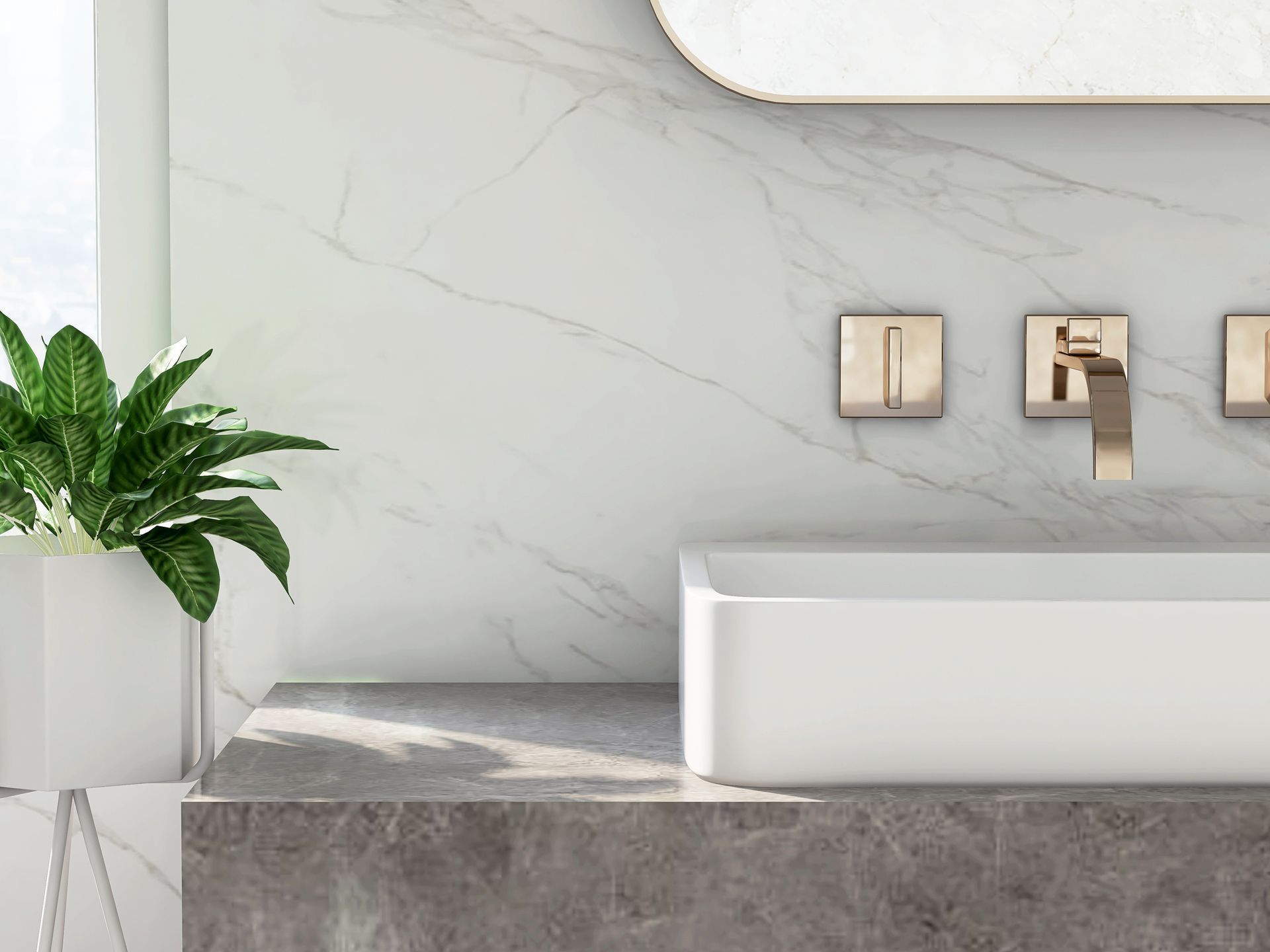 Un bagno con lavabo, specchio e pianta.