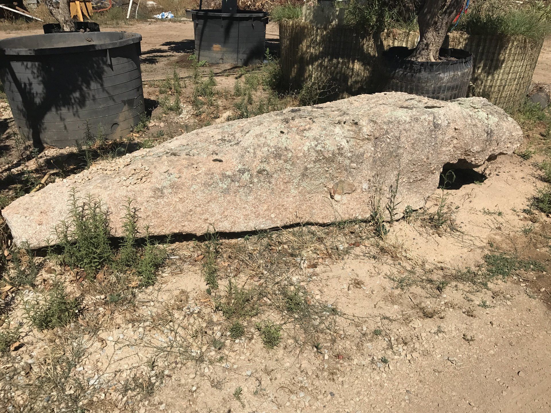 Una grande roccia si trova nel mezzo di un campo sterrato.