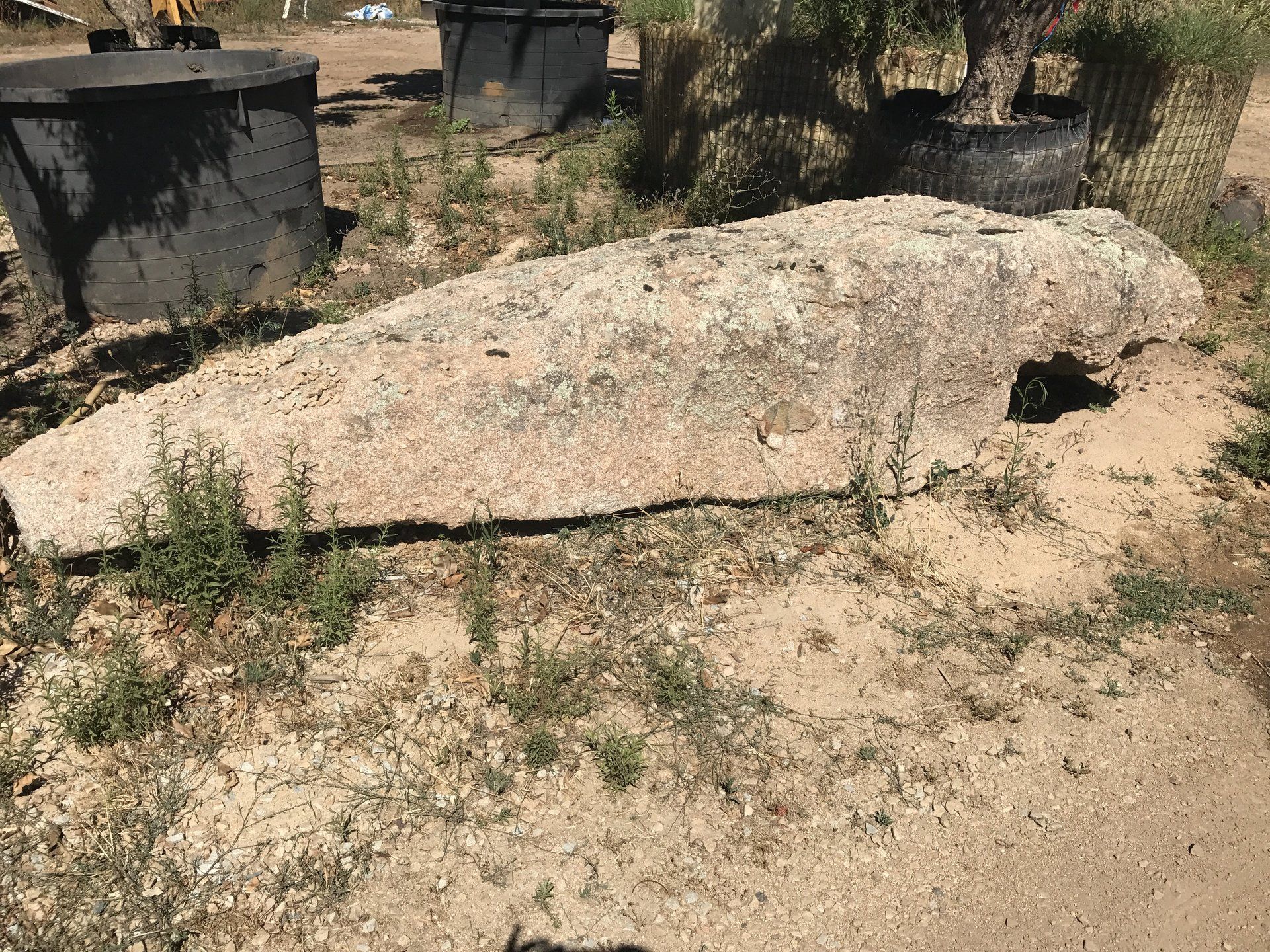 Una grande roccia si trova nel mezzo di un campo sterrato.