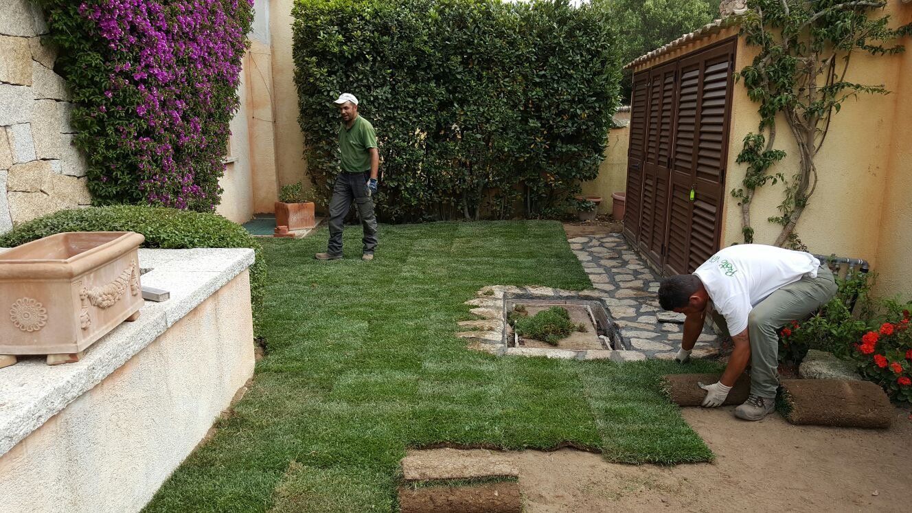 Un uomo sta lavorando su un prato in un cortile.
