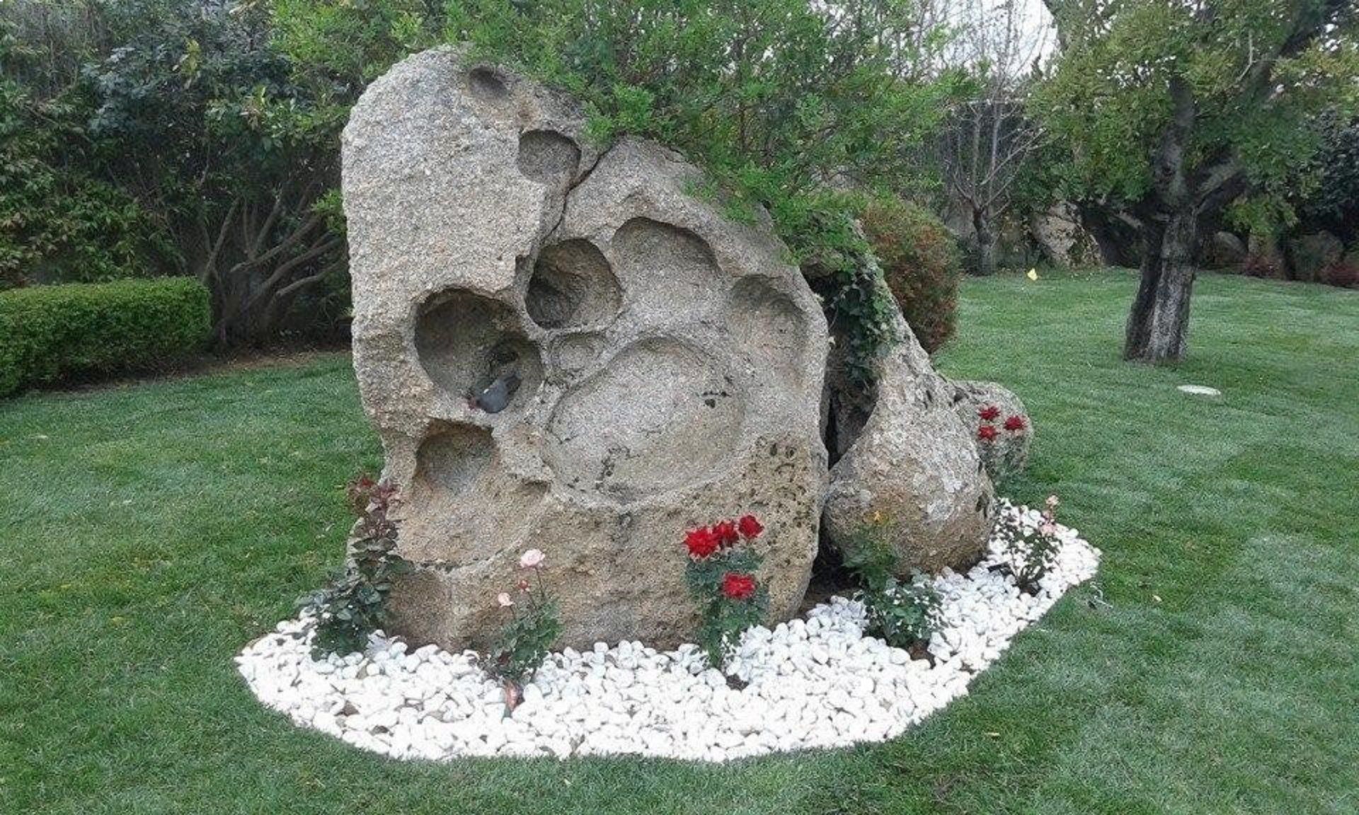Una grande roccia si trova nel mezzo di un campo verde lussureggiante.