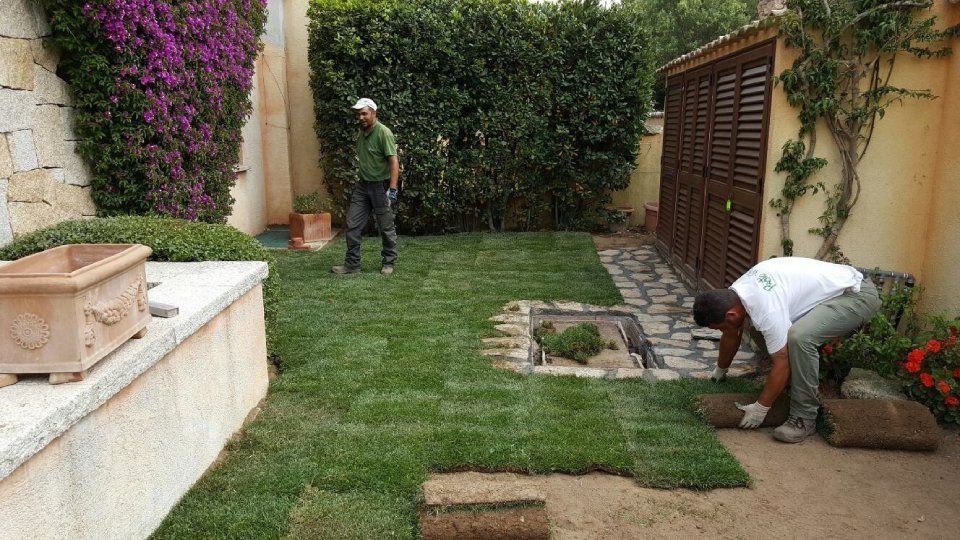 Due uomini stanno lavorando su un prato verde lussureggiante in un cortile.