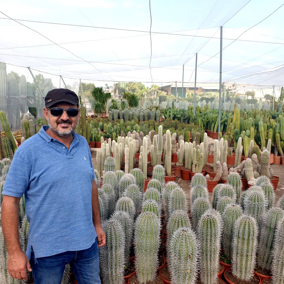 Un uomo è in piedi davanti a una serra piena di tanti cactus.