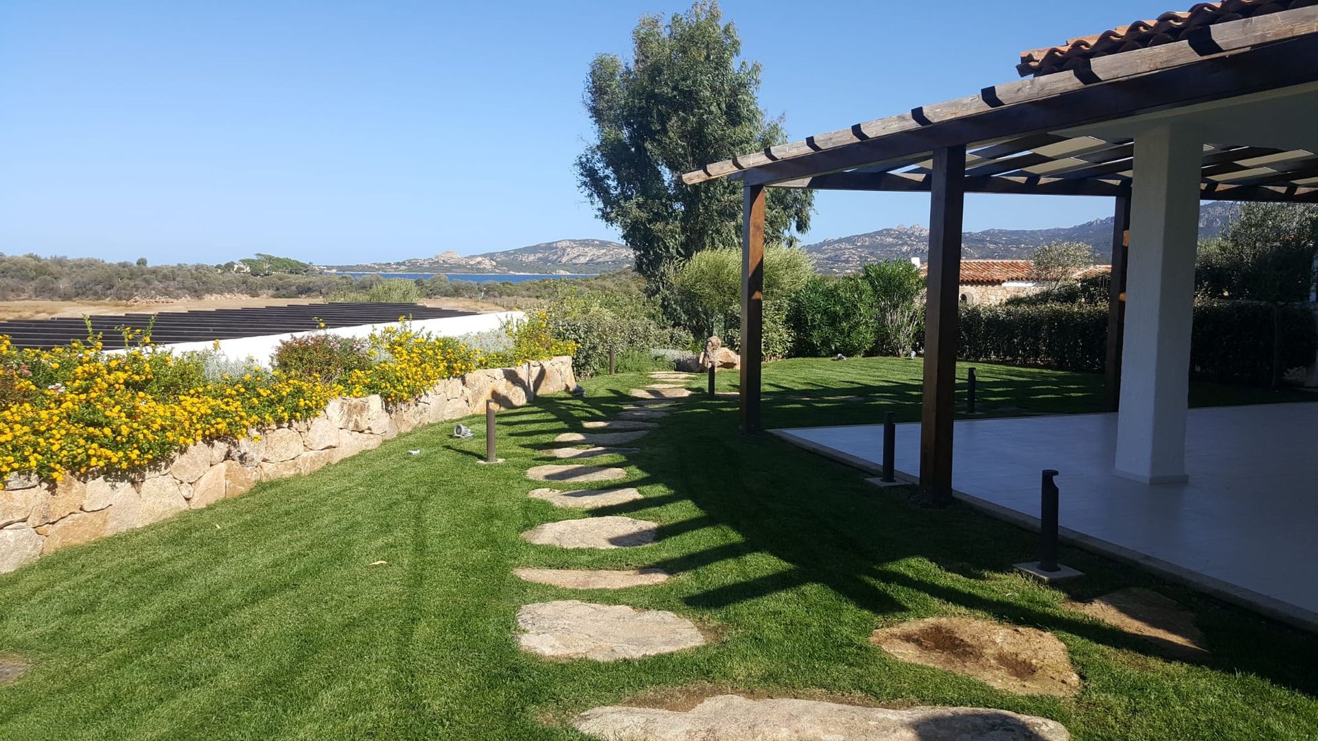 Un prato verde lussureggiante con un edificio bianco sullo sfondo