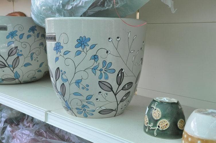 Una ciotola bianca con fiori e foglie blu sopra