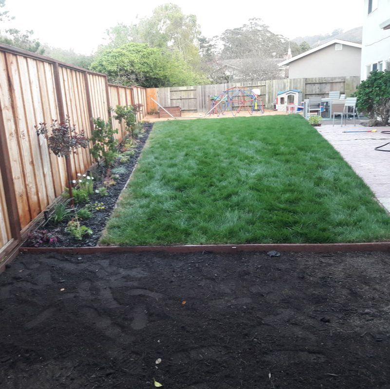 A backyard with a wooden fence and a lush green lawn