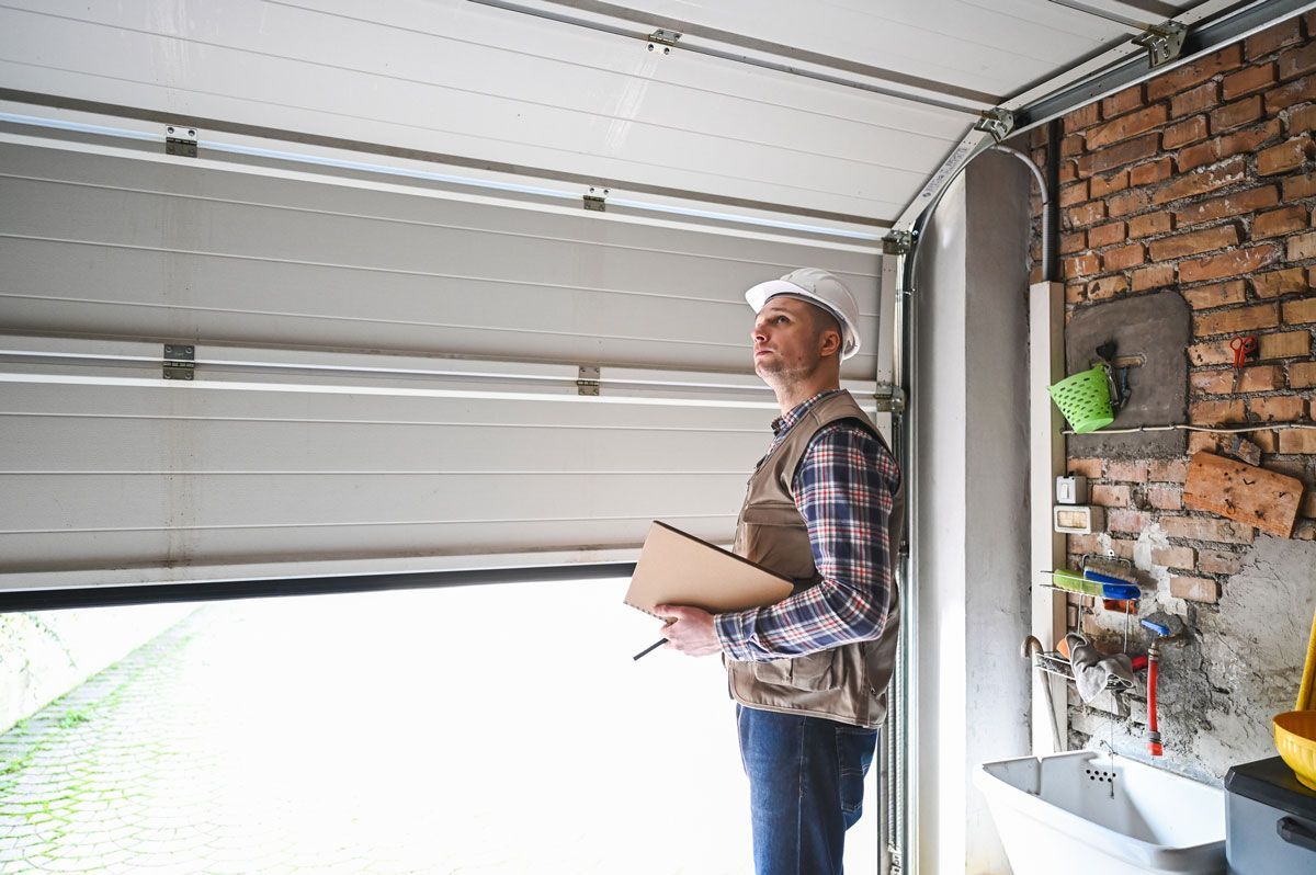 A man is standing in front of a garage door holding a clipboard.