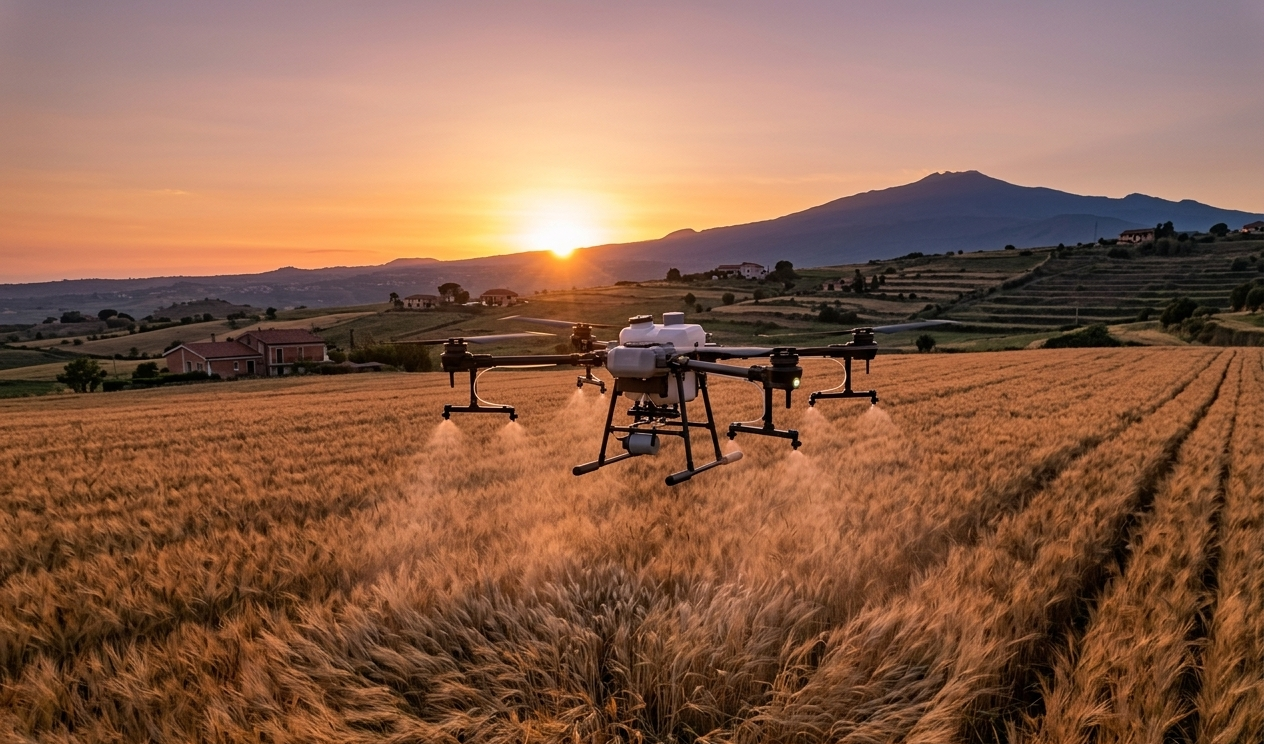 Al tramonto, un drone spruzza fertilizzante su un campo di grano dorato con le montagne sullo sfondo.