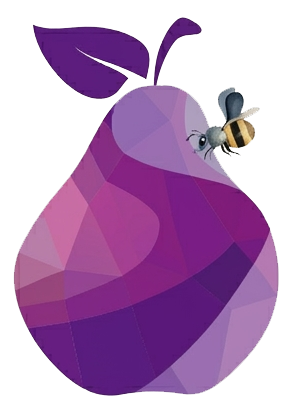Una pera viola stilizzata e geometrica con una singola foglia e una piccola ape appoggiata su un fianco.