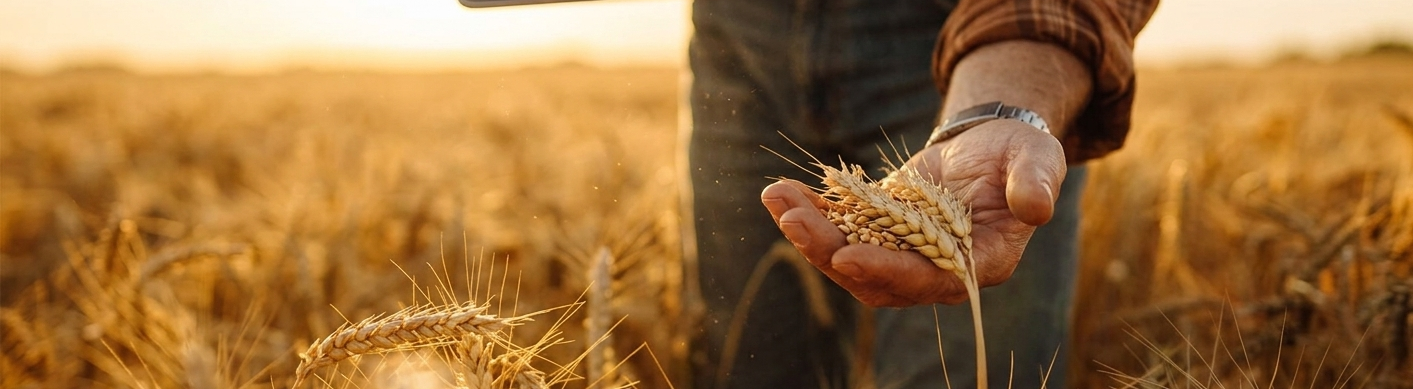 Una persona si trova in un campo di grano dorato, stringendo tra le mani una manciata di spighe mature sotto il caldo sole.