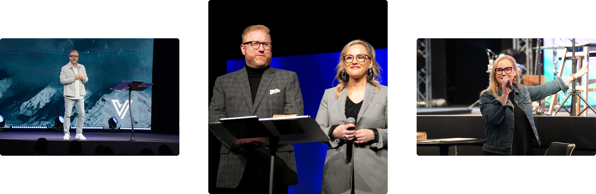 Three stage photos: a performer on a blue-lit stage and two people speaking at podiums.