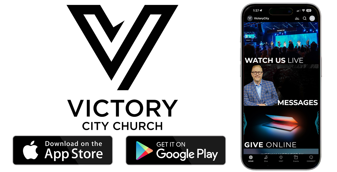 Victory City Church logo with App Store and Google Play download badges and a church livestream app screen.
