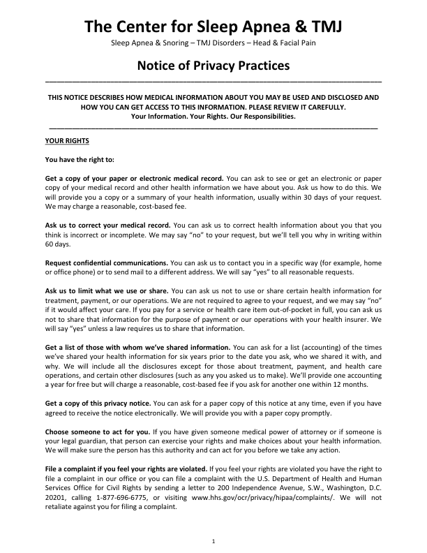 Privacy Practices — The Center for Sleep Apnea and TMJ — Boise, ID