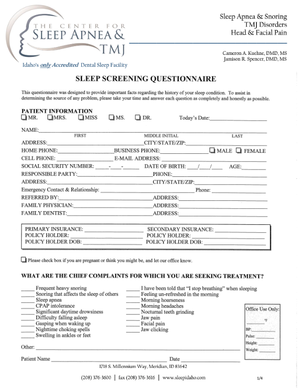 Sleep Apnea New Patient Form — The Center for Sleep Apnea and TMJ — Boise, ID