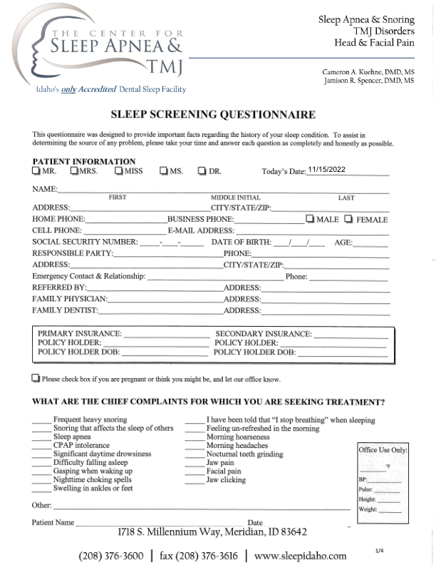 Snoring New Patient Form — The Center for Sleep Apnea and TMJ — Boise, ID