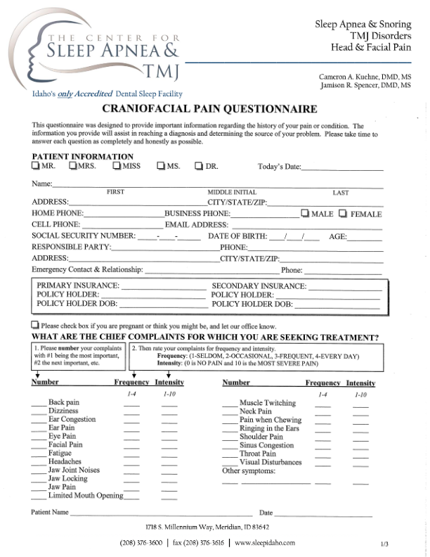TMJ New Patient Form — The Center for Sleep Apnea and TMJ — Boise, ID