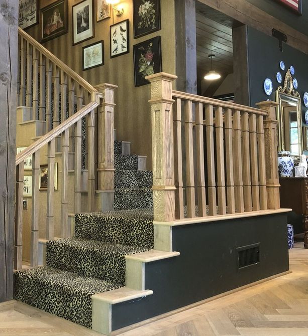 Traditional Style Railing Design with medium brown stained red oak shaker style newel posts, traditional handrailing with custom chamfered wooden balusters