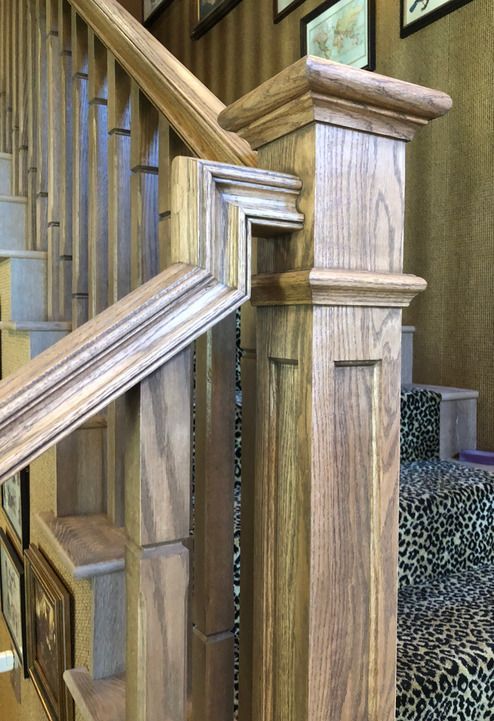 Post to Post Red Oak Railing with Dressed Shaker Style Newel Post with Hat and Beading