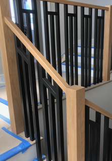 White Square Baluster Pickets With Stained Hand Railing and White Painted Newel Post