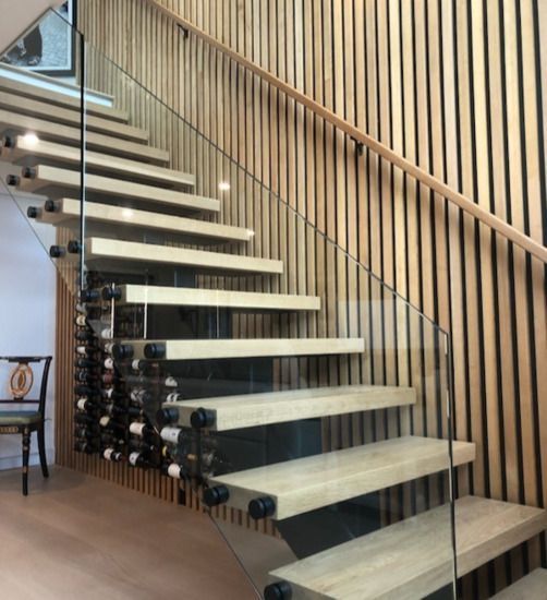 Modern Style Staircase Design with Square White Oak Floating Treads on Monostringer with Glass Handrailing