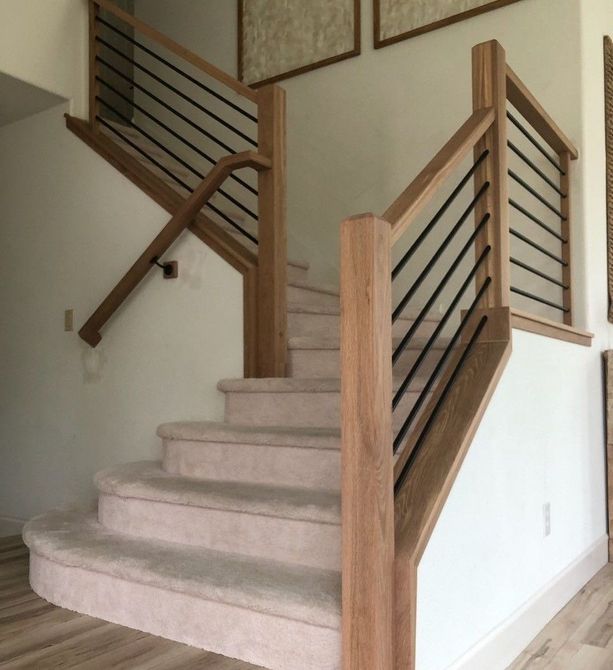 Modern Style Staircase Design with Square Wooden Posts and Handrailing with Horizontal Round Black Rod Balusters