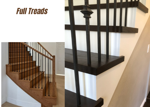 Solid stained oak hardwood treads stained oak risers with black iron balusters