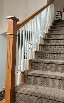 Stained Maple Fluted Post with 9100 handrailing and white painted balusters