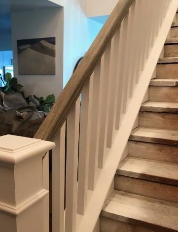 White Square Baluster Pickets With Stained Hand Railing and White Painted Newel Post