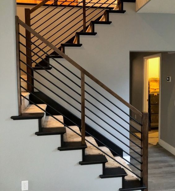 Modern Style Staircase Design with Square Wooden Posts and Handrailing with Horizontal Round Black Rod Balusters