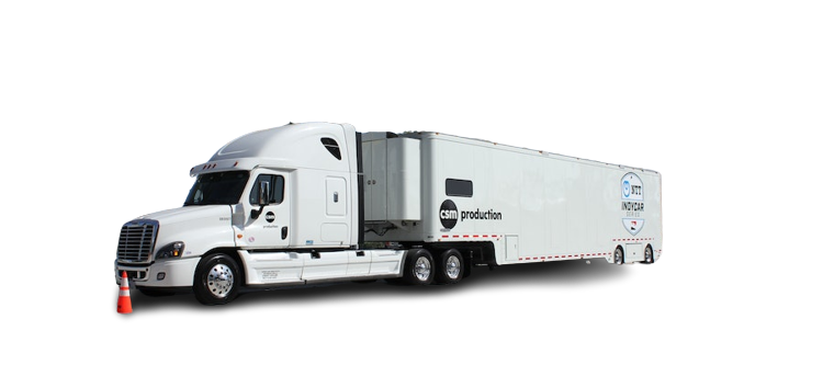 White semi-truck with trailer on white background.