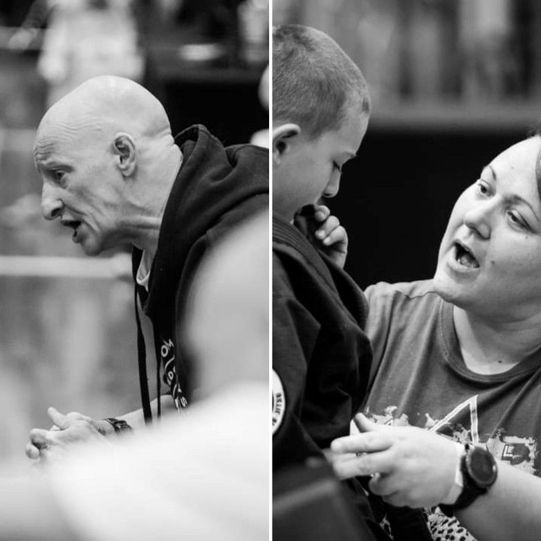 Split black and white photo: Man with shaved head speaks intently. Child and woman look down, the woman talking.