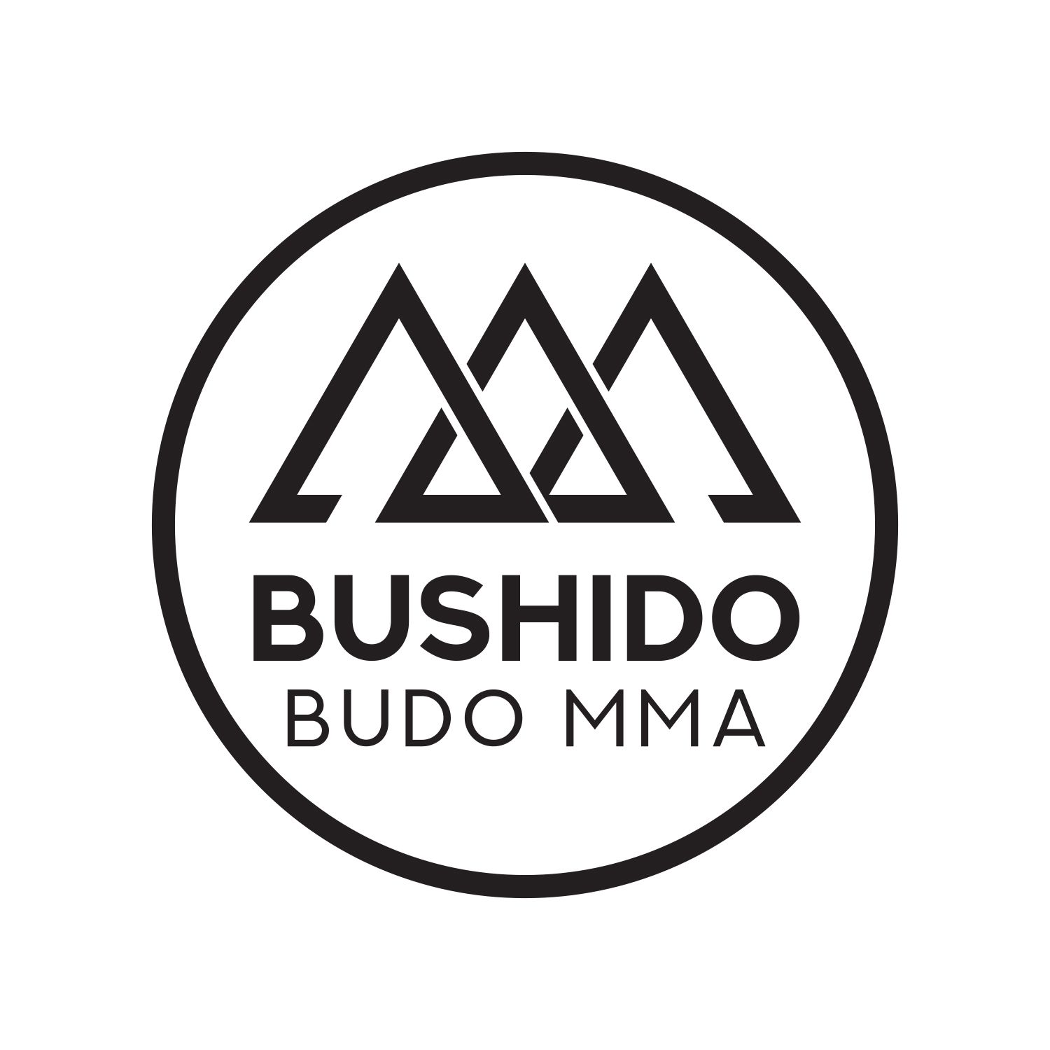Logo for Bushido Budo MMA, featuring interlocking mountain peaks within a circle; text below.