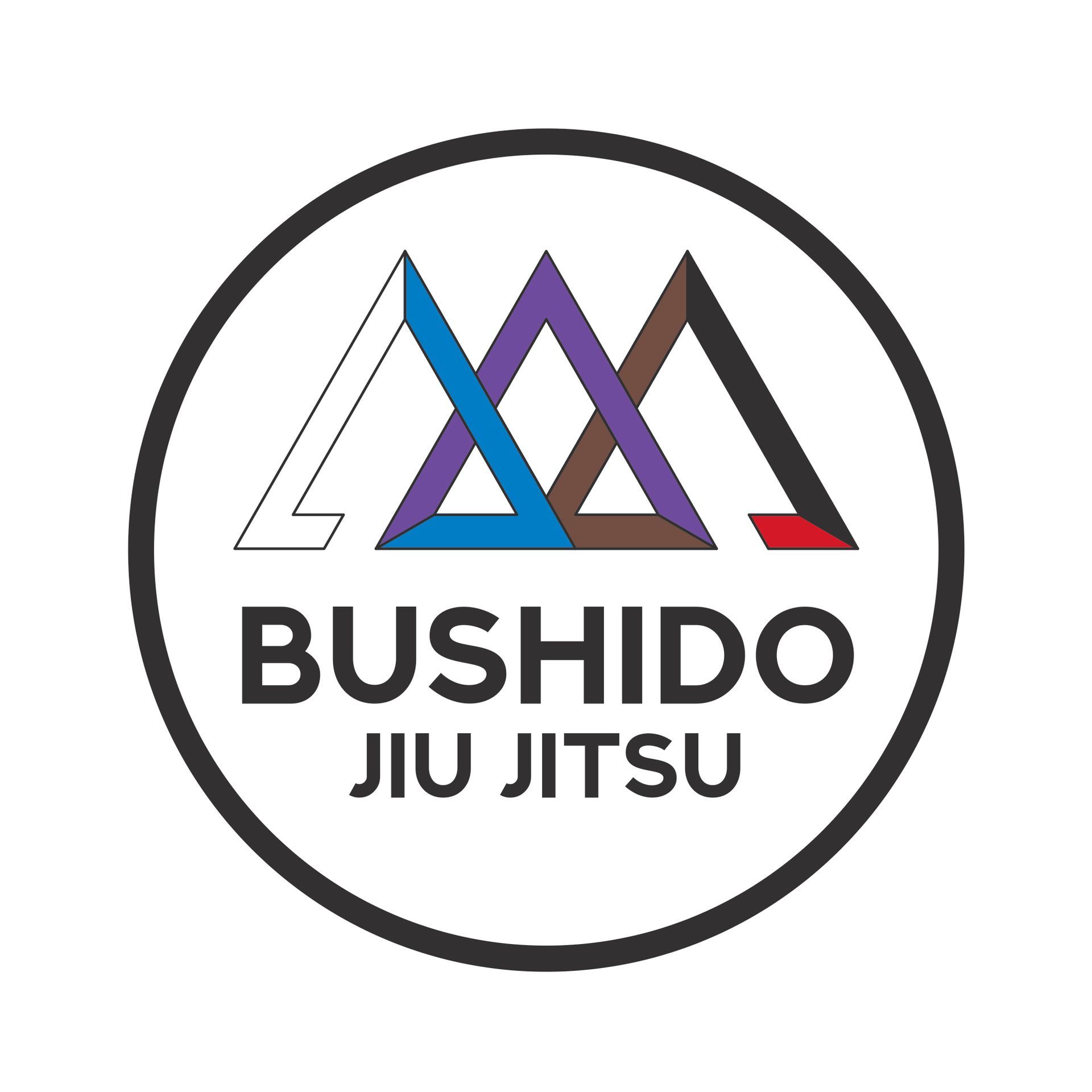 Logo for Bushido Jiu Jitsu, featuring three colored triangles in a circle with the words 