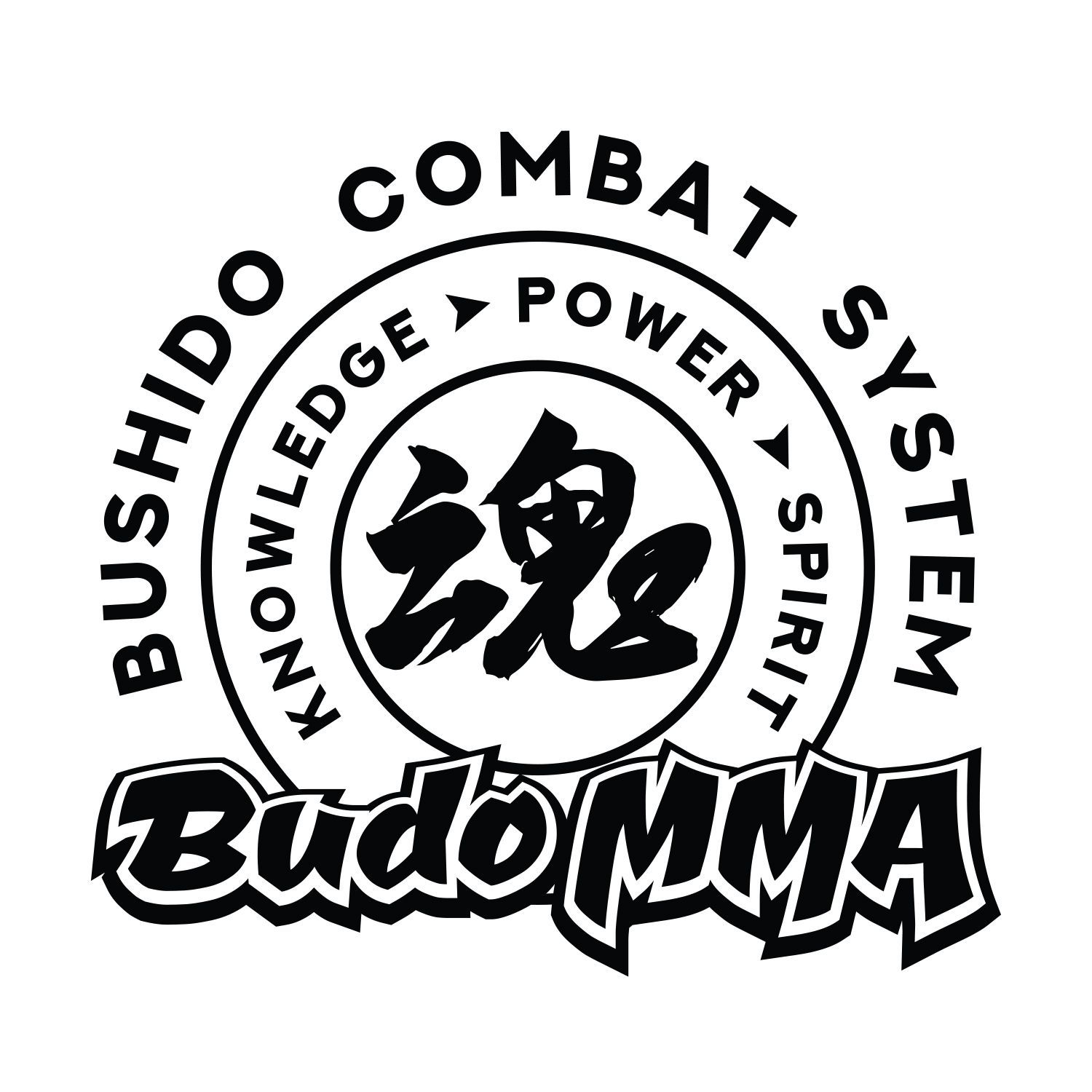 Logo for Budo MMA, featuring a circular design with text and a central Japanese symbol.