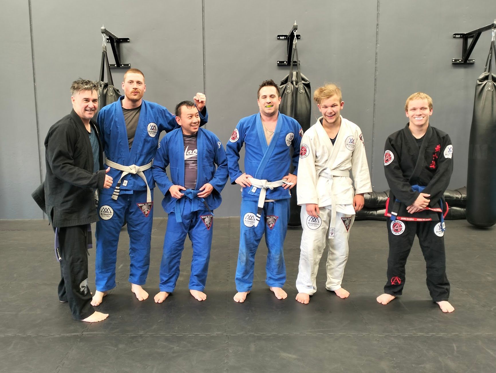 Group of martial artists in gis and dark uniforms pose in a gym.