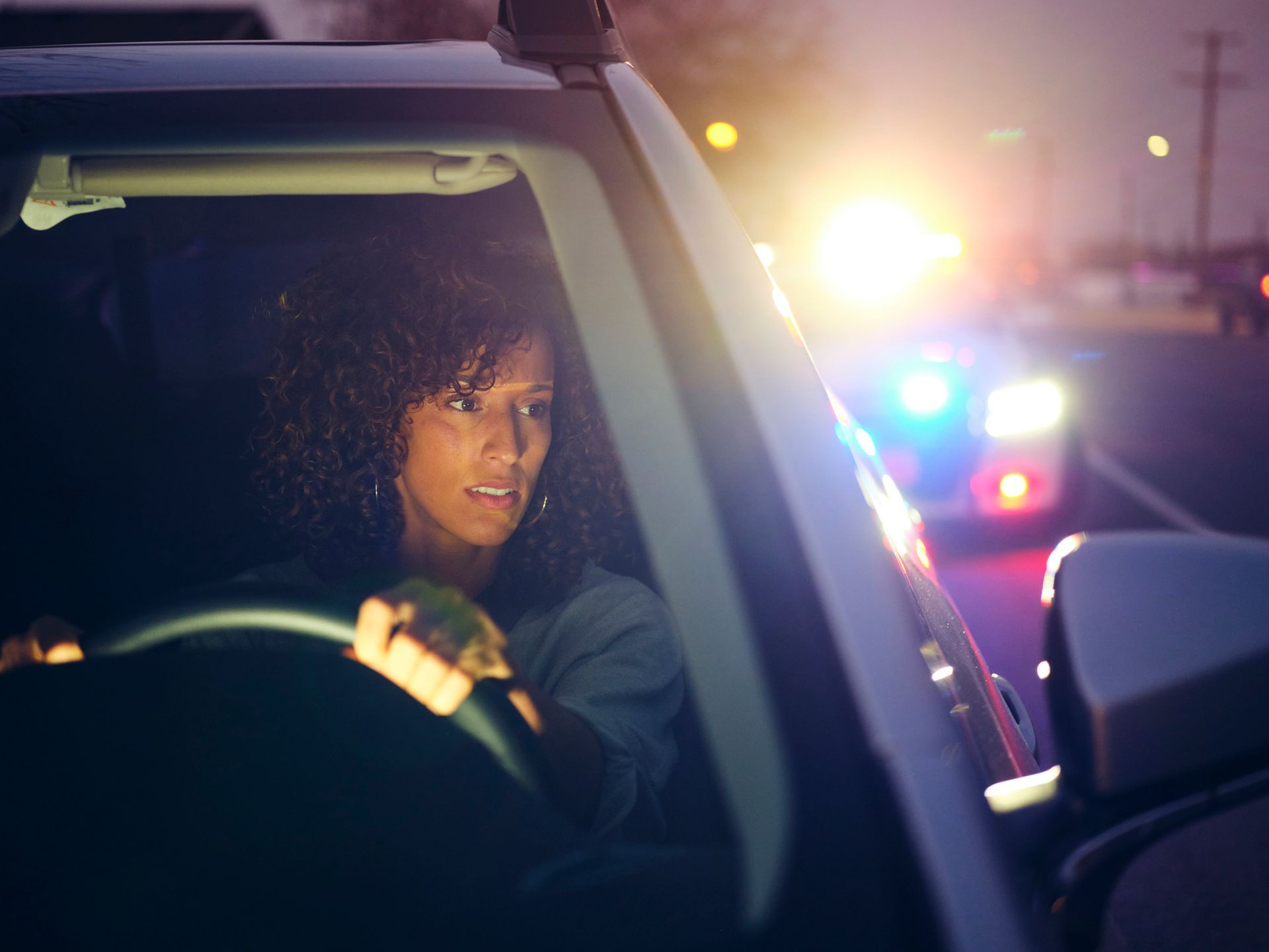 A nighttime police traffic stop.