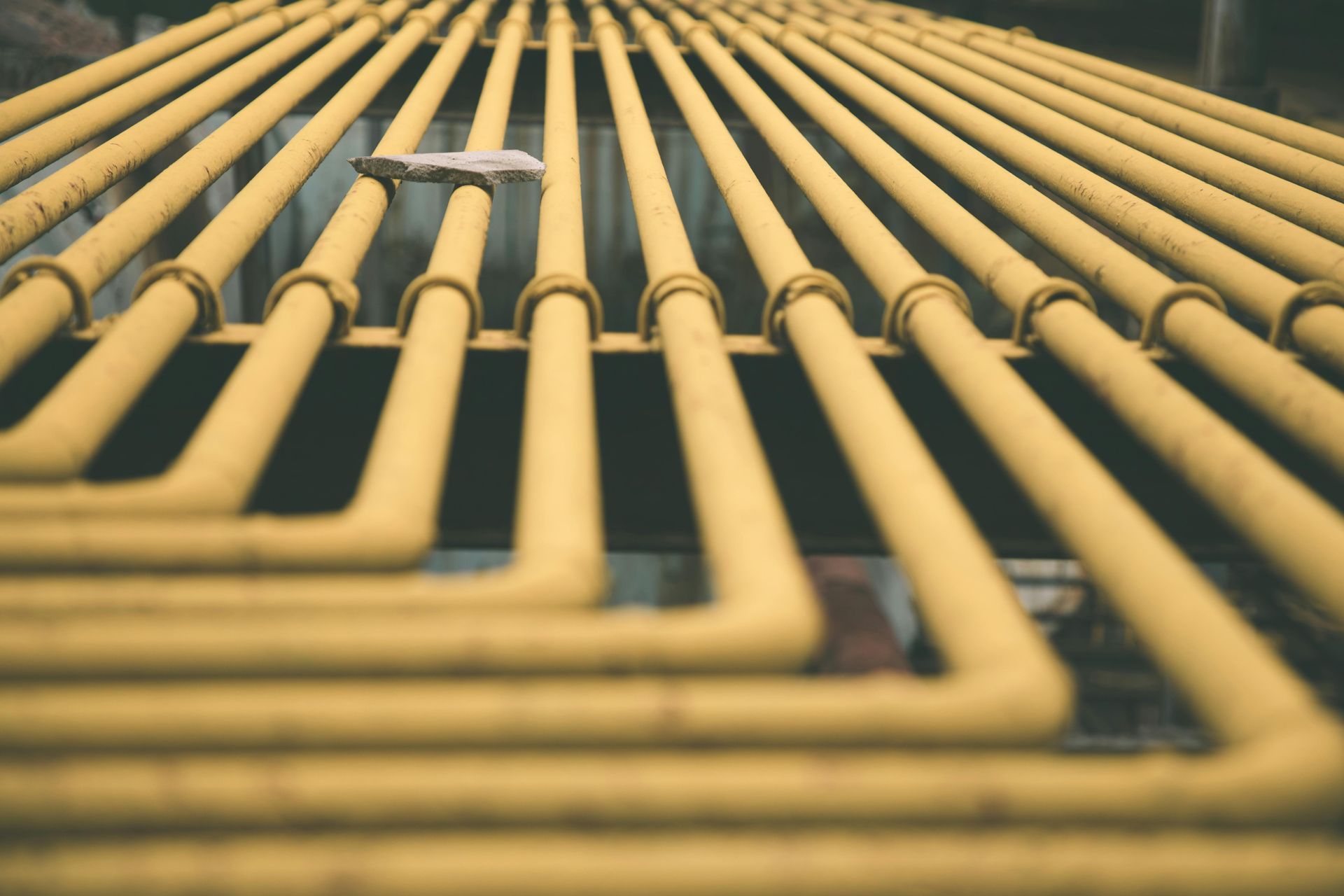 Rows of yellow pipes or cables receding into the distance, viewed from a low angle