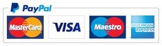 Paypal multiple payment methods logos - Mastercard, Visa, Maestro, American Express