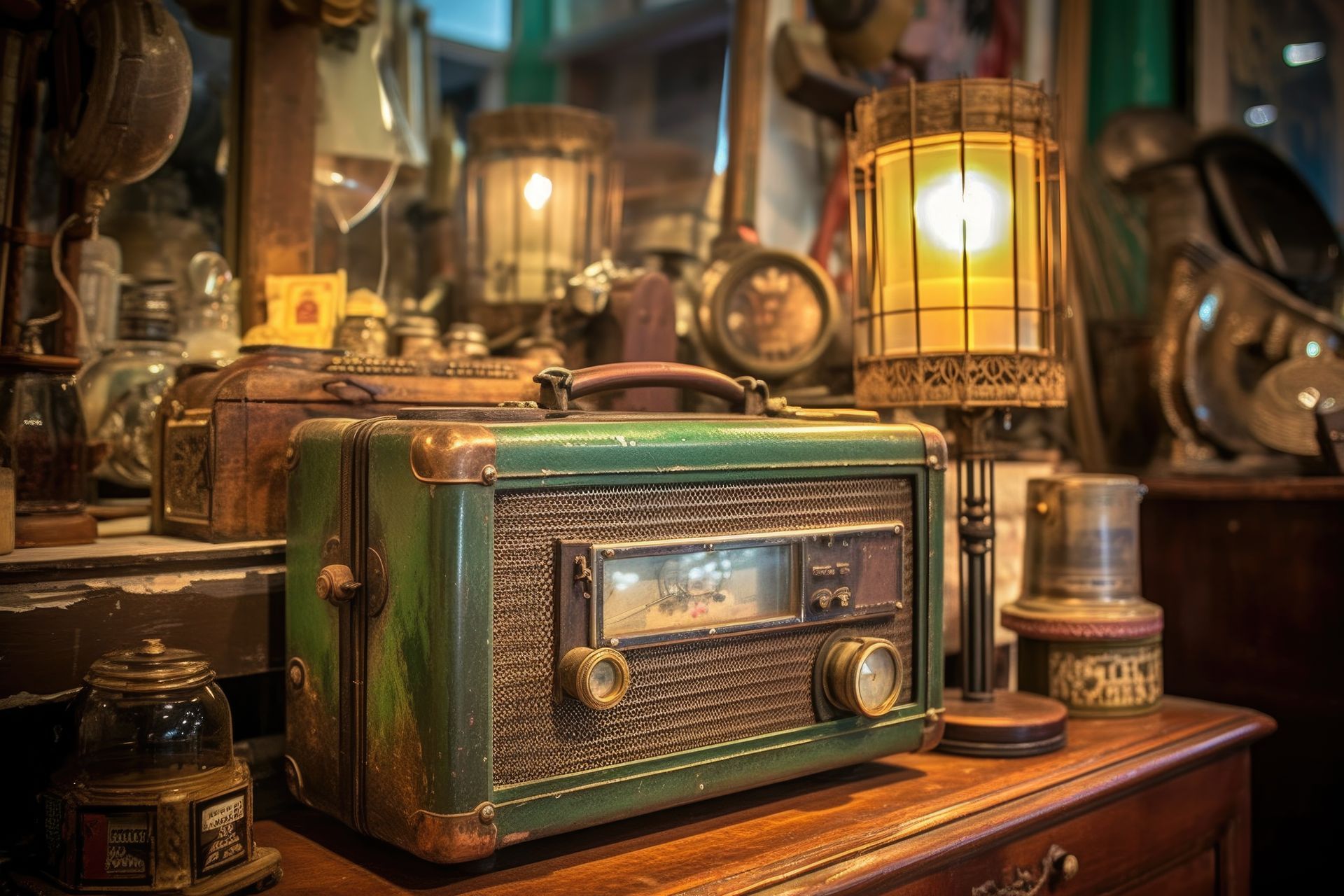 an old radio is sitting on a wooden table next to a lamp .